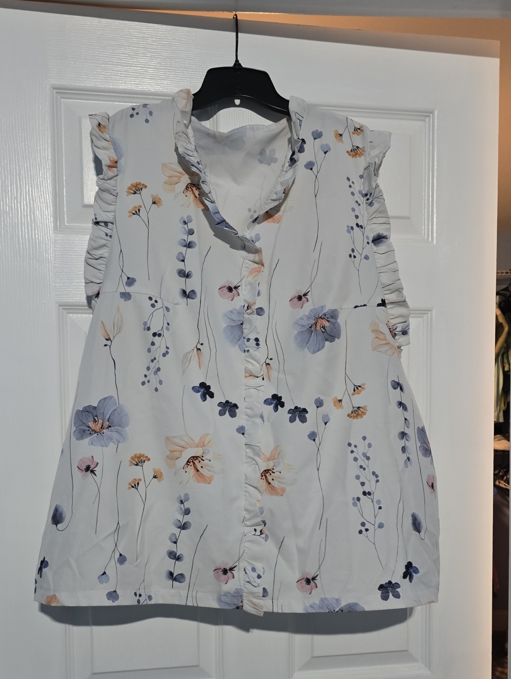 Women’s Floral Ruffle Sleeveless Top - White with Blue & Peach Flowers
